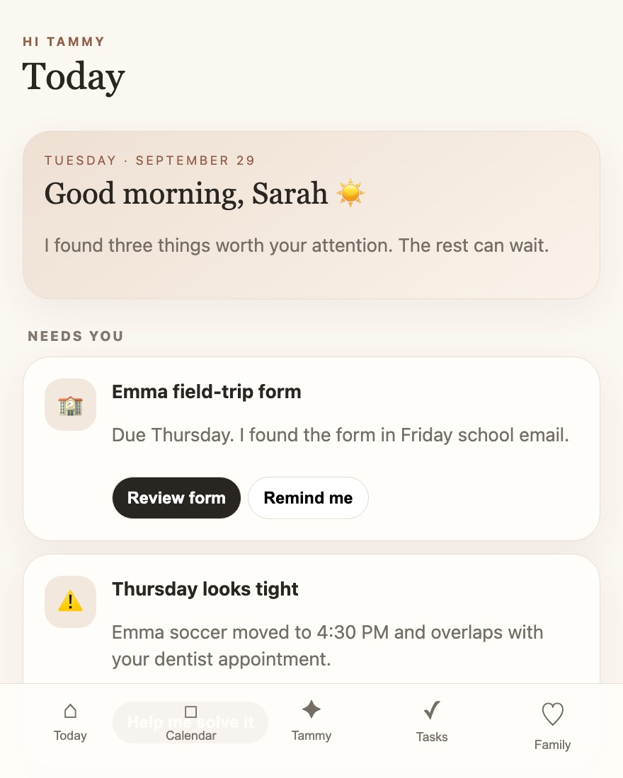 Hi Tammy prototype, the Today screen, with a made-up family
